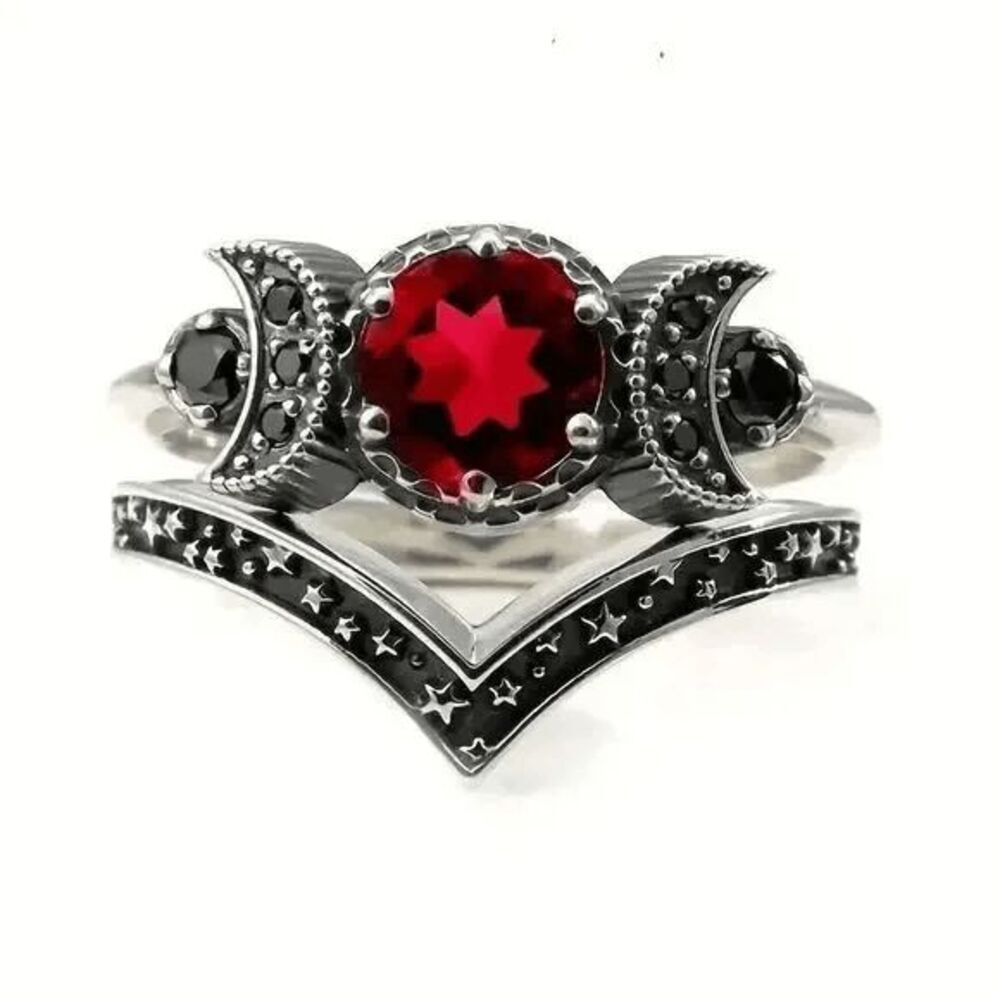Gothic Universe Moon Star Ruby Ring Set
